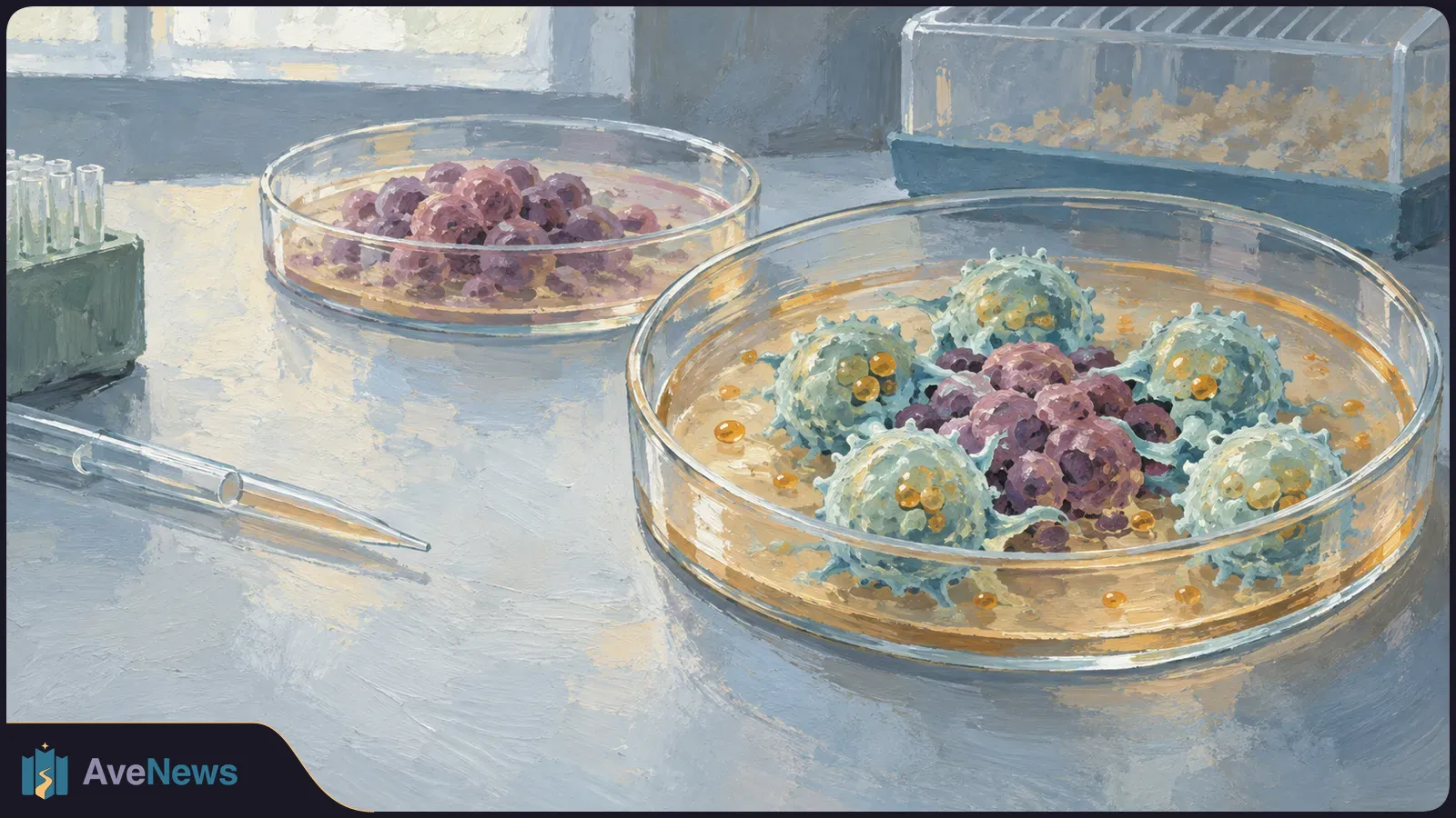 Painted lab scene with two glass culture dishes: blue spiky cell-like forms surround purple clusters in the front dish, with more purple clusters behind. A pipette and test tubes sit nearby. SI illustration