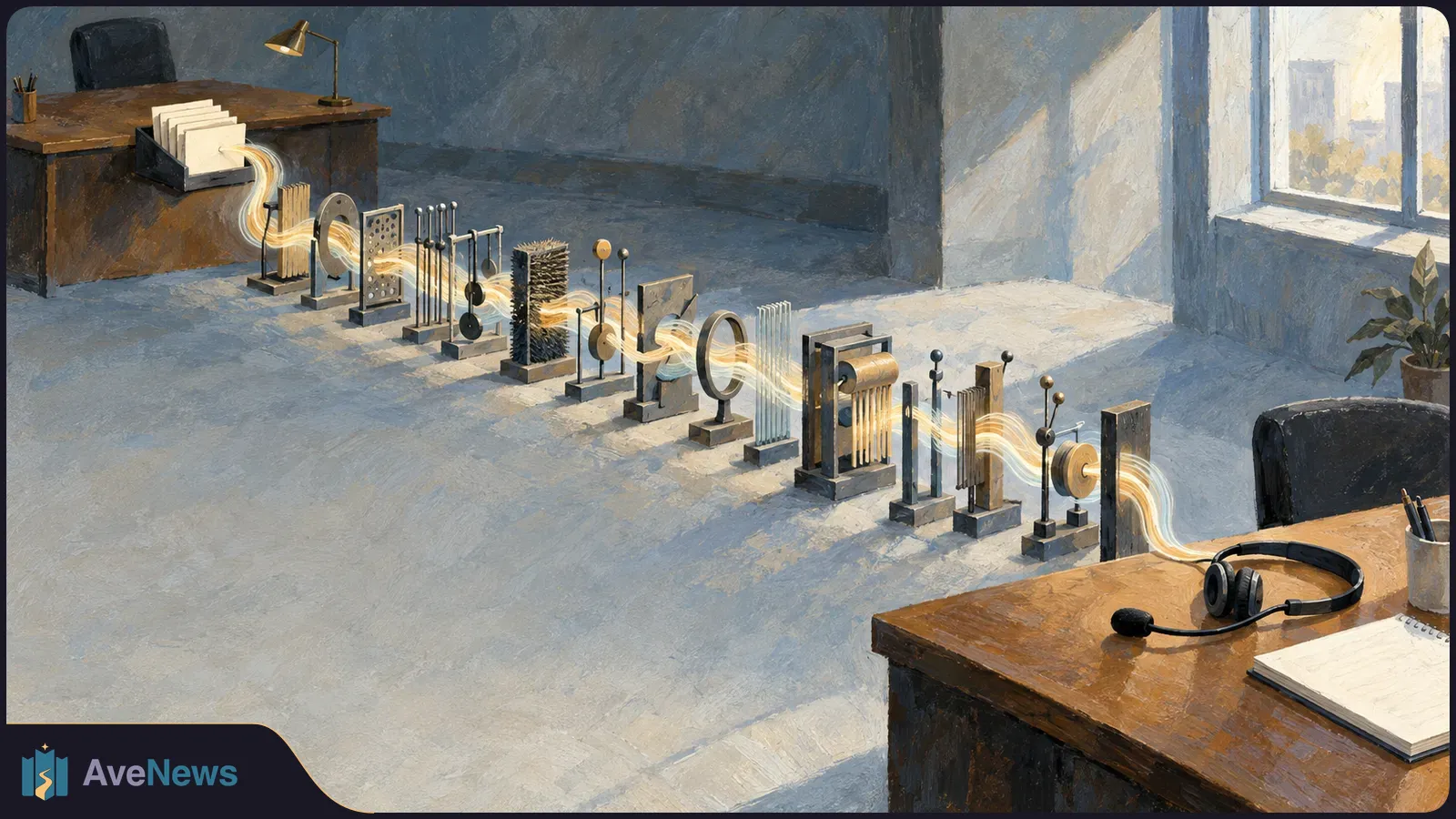 In a painted office, a glowing ribbon runs through a row of mechanical devices between a tray of papers and a headset on a desk. SI illustration