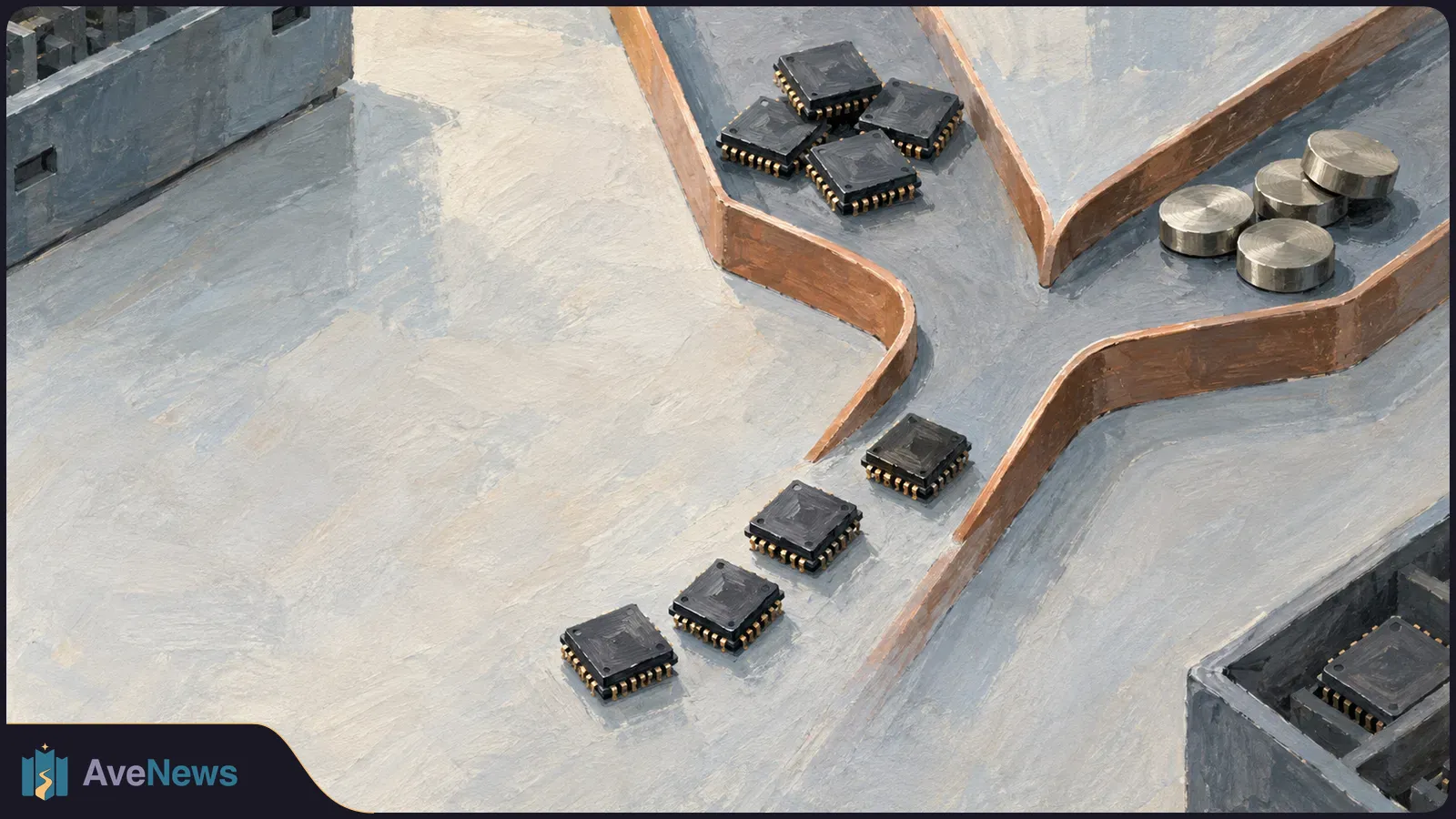 Painted illustration of black microchips and silver coin-like discs in separate channels divided by copper-colored rails. SI illustration