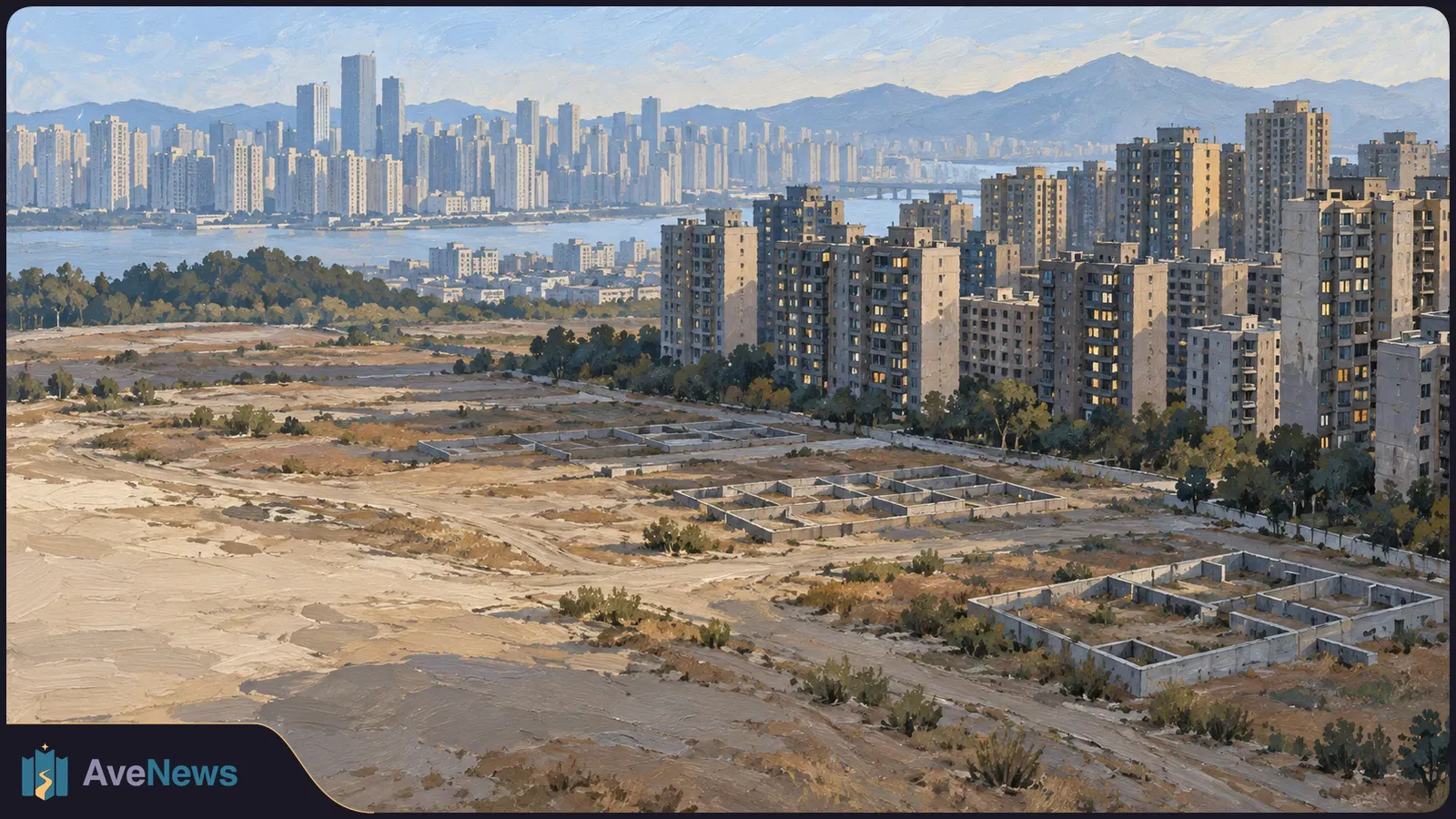 A painted cityscape shows apartment towers beside broad, mostly empty plots with low concrete foundations. Water, a distant skyline and mountains fill the background. SI illustration