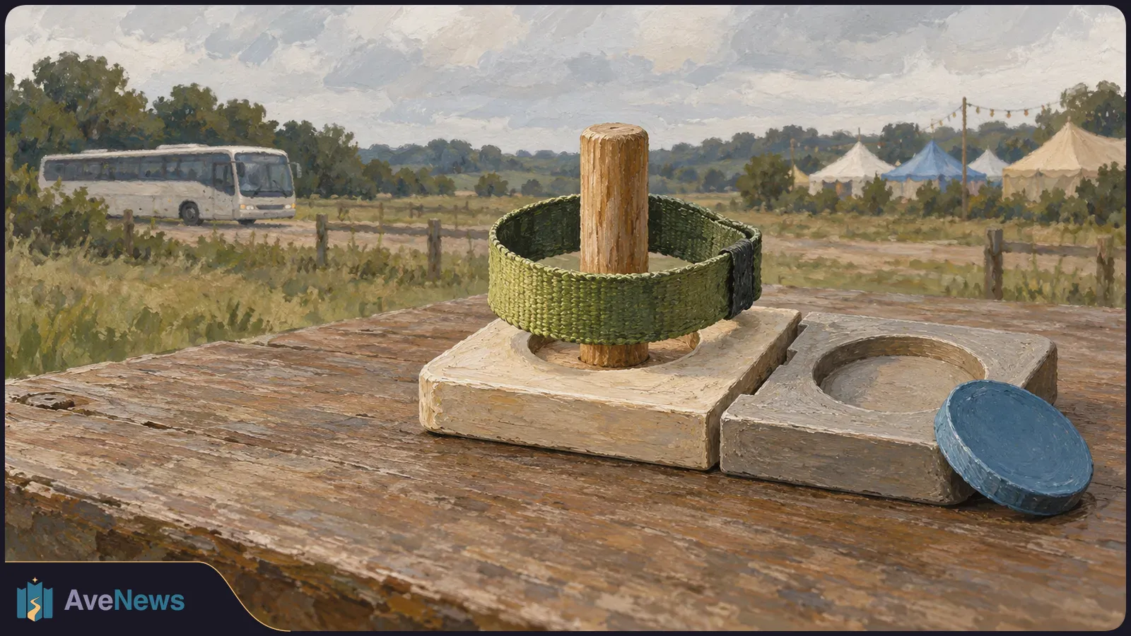 Painted scene of a green wristband looped around a wooden peg on a table, beside a blue disc; a coach and festival tents sit in the distance. SI illustration