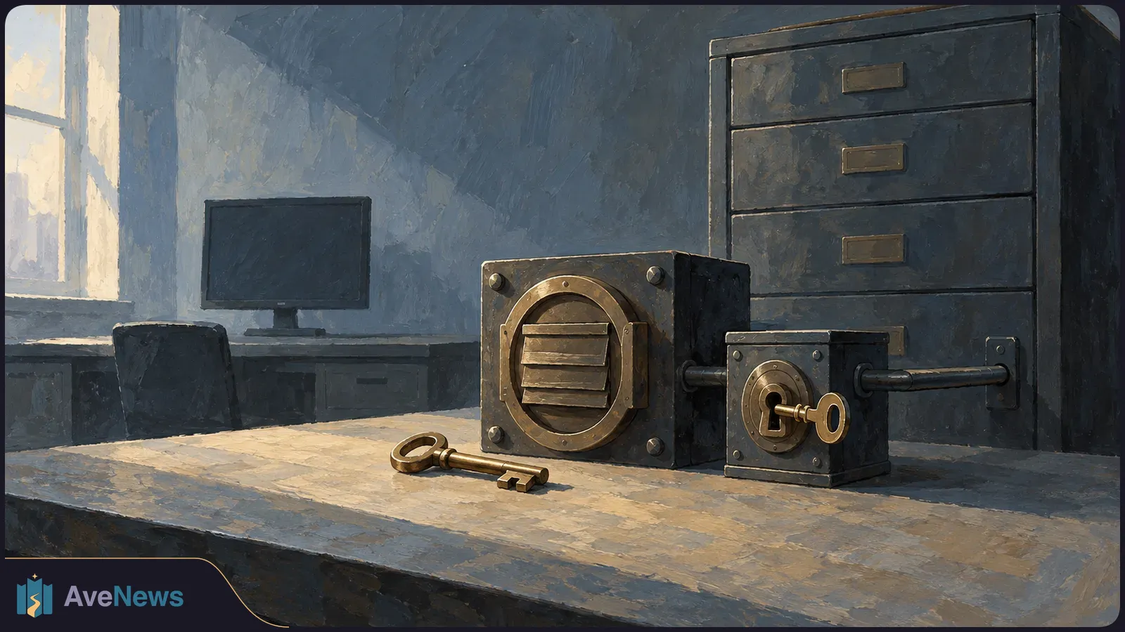 Painted office scene with two metal lockboxes and brass keys on a desk. A blank monitor and filing cabinet sit behind them. SI illustration