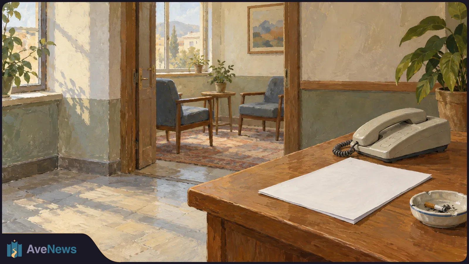 Painterly sunlit office: a desk holds a corded telephone, blank paper and an ashtray with a cigarette butt. Two empty chairs sit beyond an open door. SI illustration