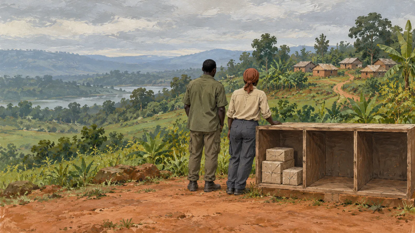 Two people stand beside a wooden shelf holding wrapped parcels, looking across a green valley toward a cluster of houses. SI illustration