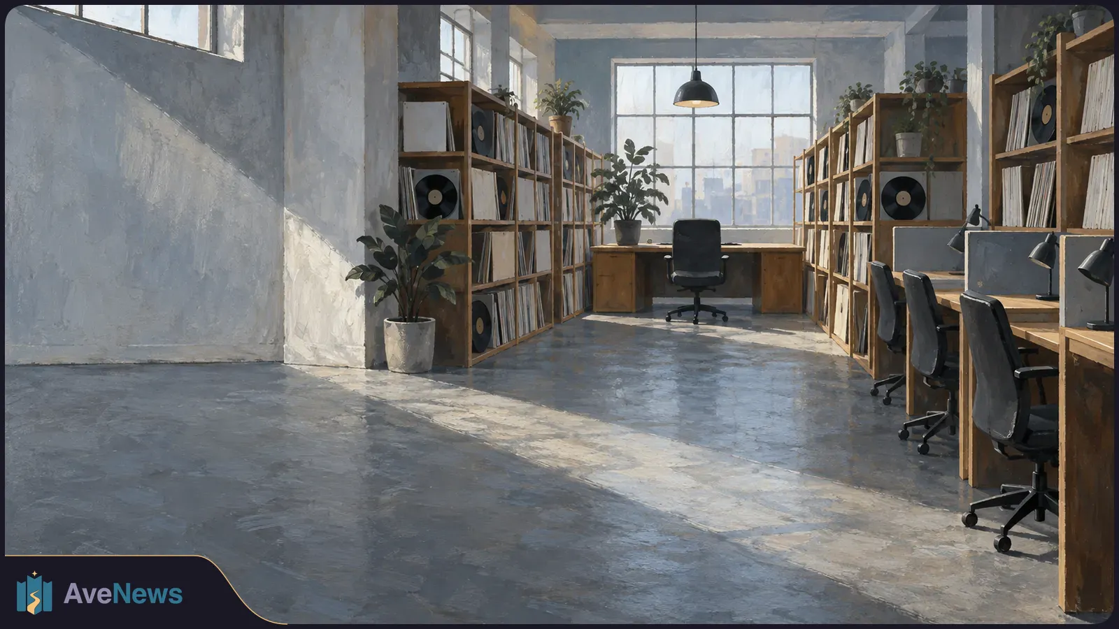 Illustration of an empty office with record-filled shelves, desks, dark monitors and vacant chairs in sunlight. SI illustration