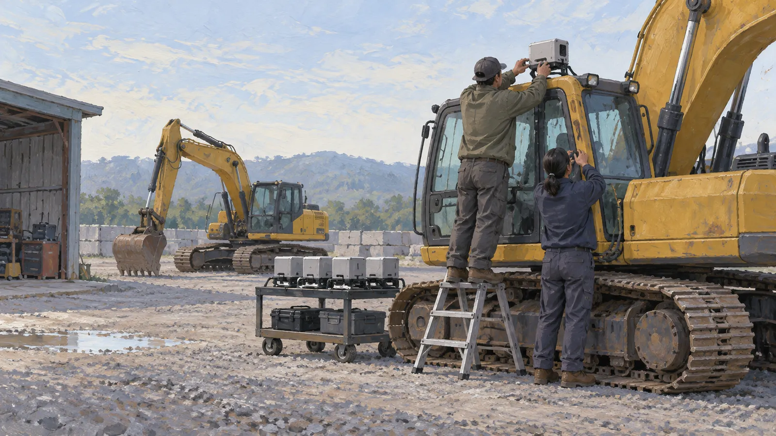 Two workers tend to a device on the roof of a yellow excavator, one standing on a ladder. A cart of equipment and another excavator sit nearby. SI illustration
