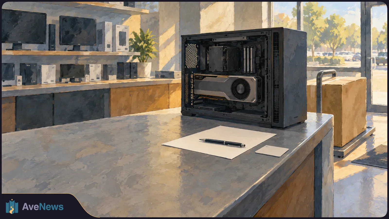 An open desktop computer with a large graphics card sits on an electronics store counter beside a blank sheet of paper and a pen. SI illustration