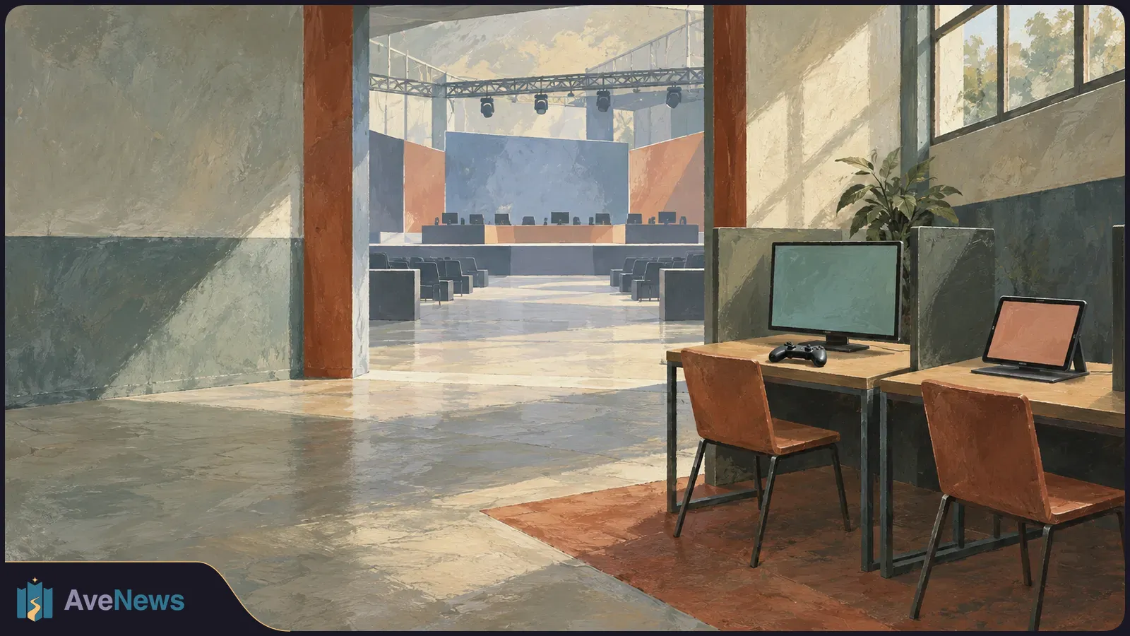 Painterly view of an empty stage beyond two gaming desks: one has a monitor and controller, the other a tablet. Chairs and overhead lights fill the background. SI illustration