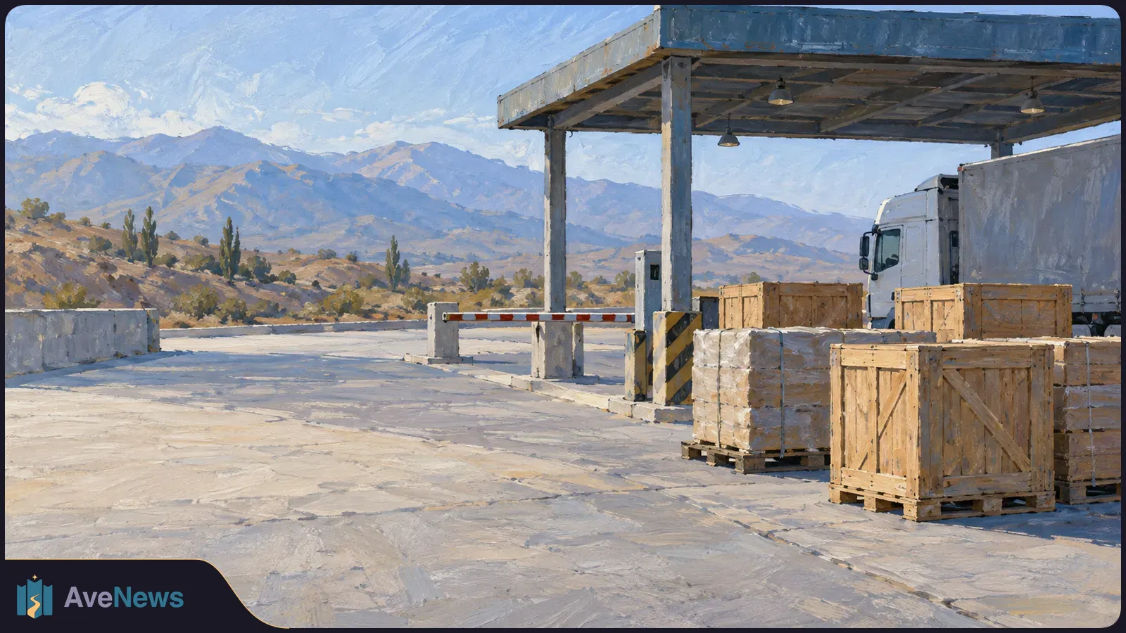 Painted scene of a truck beside a checkpoint barrier, with wooden crates and wrapped pallets in the foreground and mountains behind. SI illustration