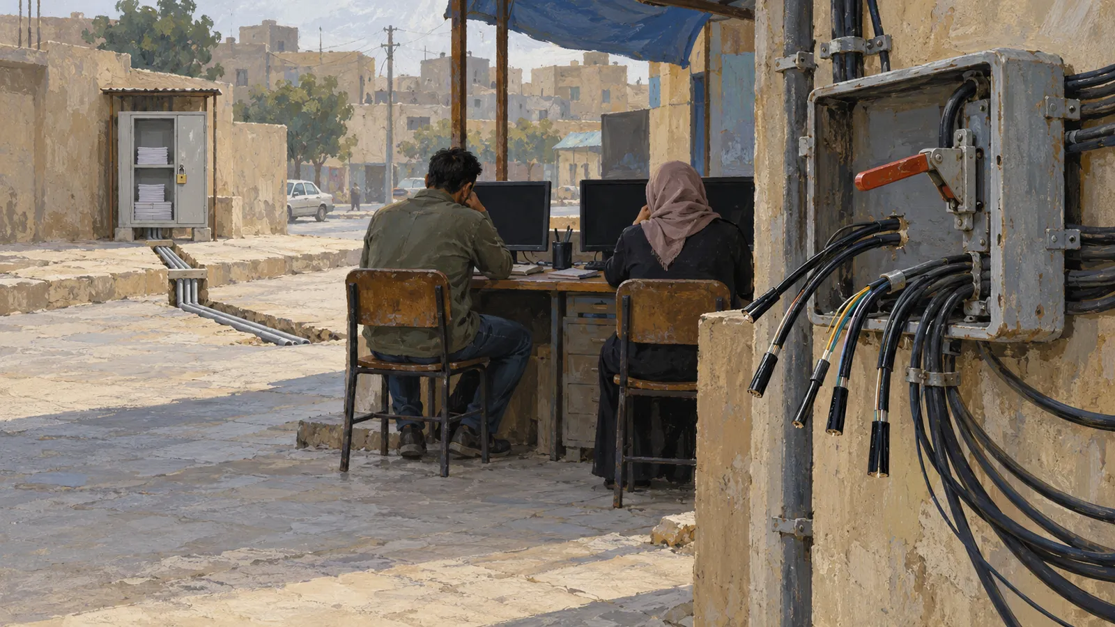 An illustration of two people seated at dark computer screens outdoors, beside an open electrical box with loose cable ends. Beige buildings and a street are in the background. SI illustration