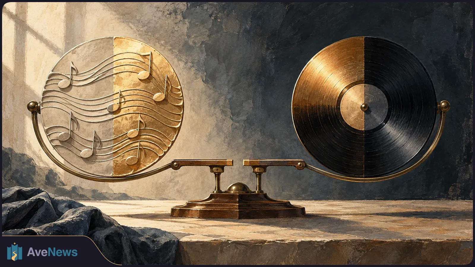 A painterly balance scale holds a disc embossed with musical notes on one side and a vinyl record on the other; each is divided into light and dark halves. SI illustration