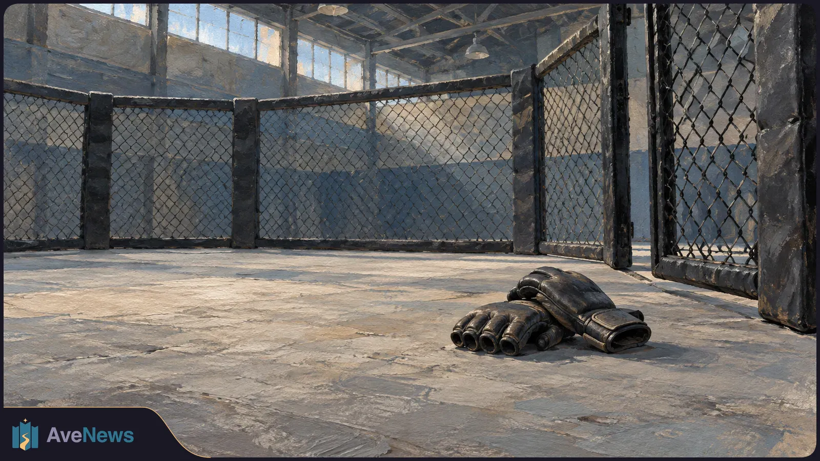 A pair of black fighting gloves lies on the floor of an empty MMA cage, with chain-link fencing and high windows behind it. SI illustration