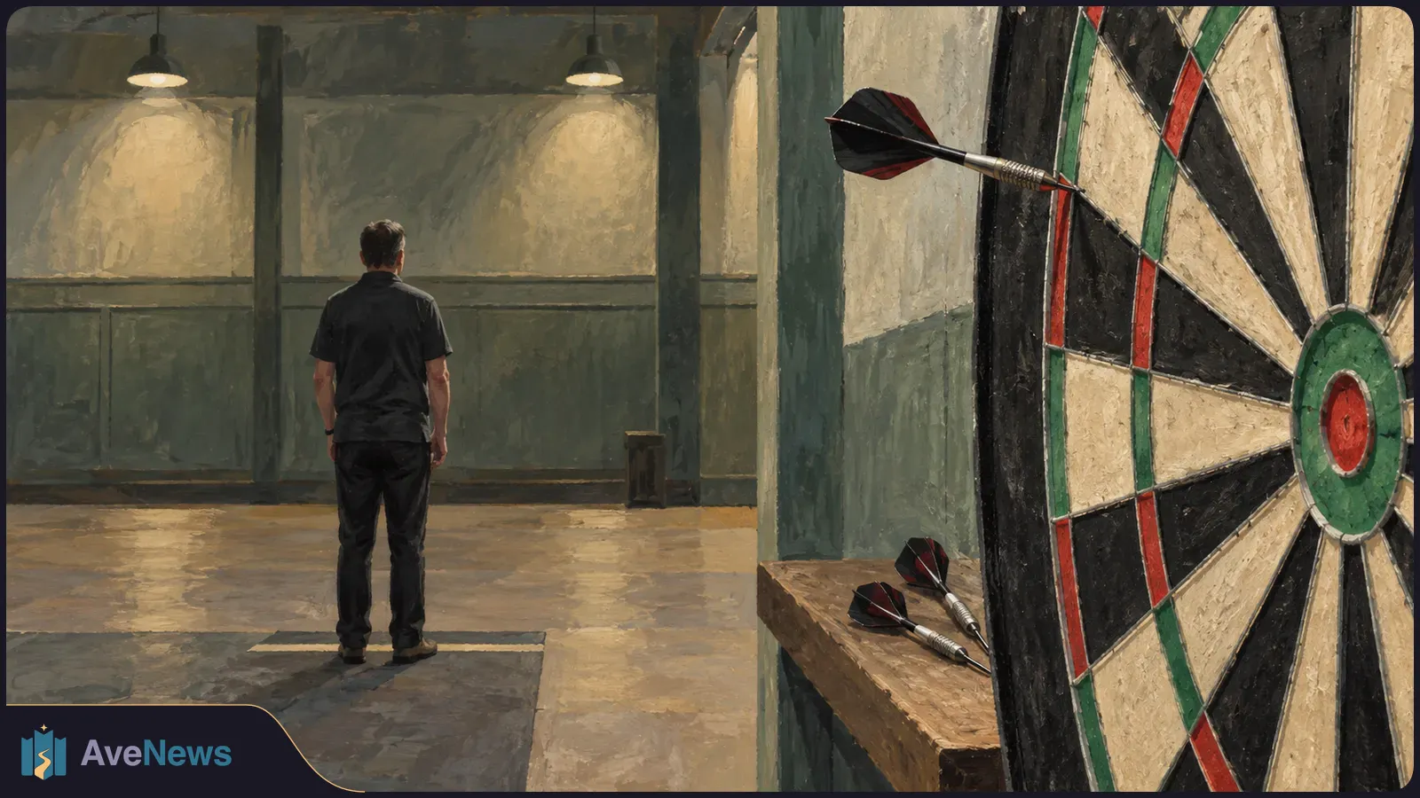Painted darts scene: a large dartboard with one dart in it fills the right side. A man stands with his back to the viewer, and two darts rest on a wooden ledge. SI illustration