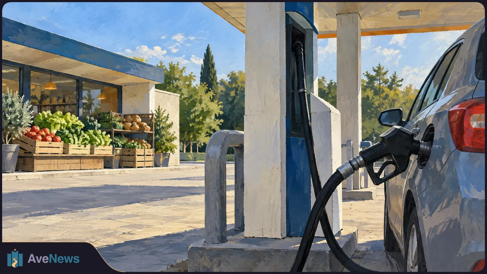 Painted scene of a fuel nozzle in a silver car beside a pump, with crates of fruit and vegetables outside a shop in the background. SI illustration
