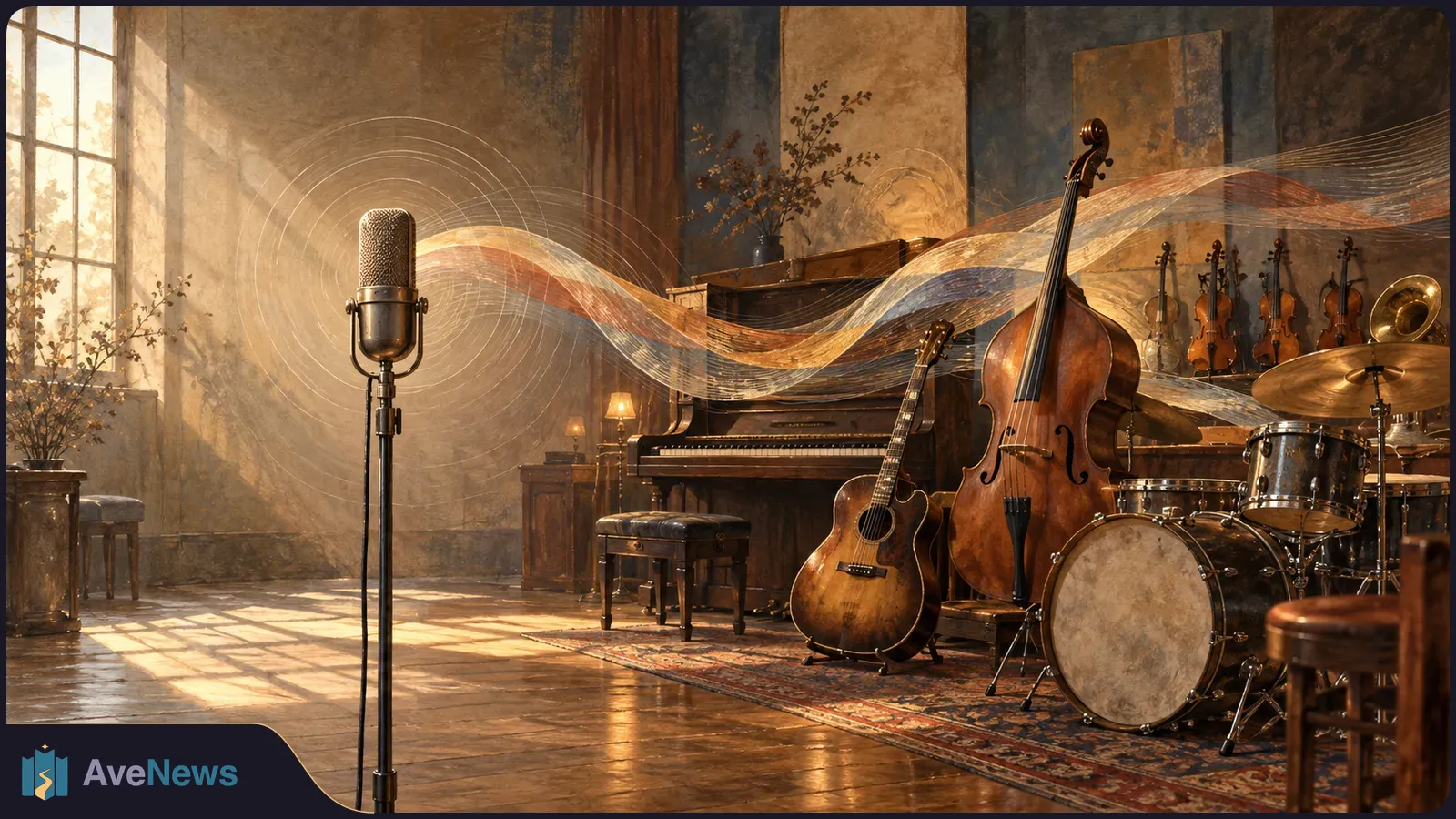Vintage microphone in a sunlit room with piano, guitar, double bass, drums and violins; painted ribbons of music sweep across the instruments. SI illustration