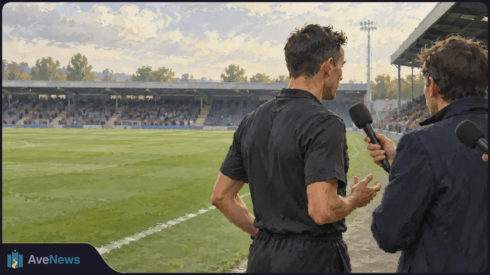 Painted illustration of a man in black beside a football pitch, speaking toward a microphone held by another man. Spectators sit in the stands behind them. SI illustration