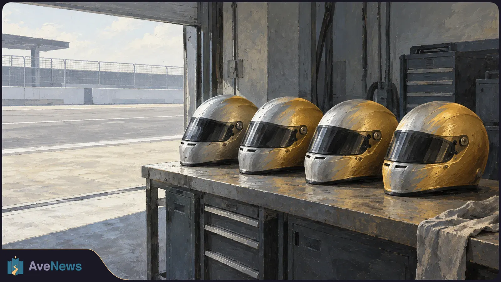 Four silver-and-gold racing helmets sit on a workbench in a garage overlooking a racetrack. SI illustration
