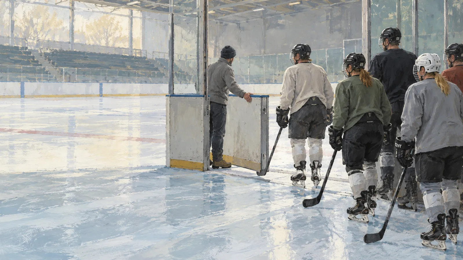 Hockey players in helmets and skates gather at an open gate to an indoor ice rink, where a person in a beanie stands beside the boards. SI illustration