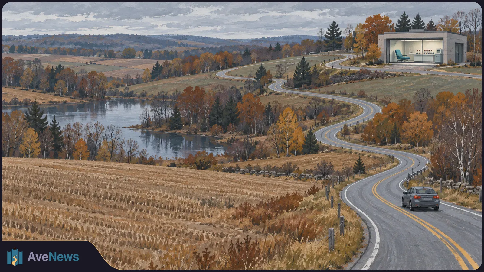 A painted autumn landscape shows a gray car on a winding road beside a lake, with a glass-fronted room containing a chair and lab equipment on a distant hill. SI illustration