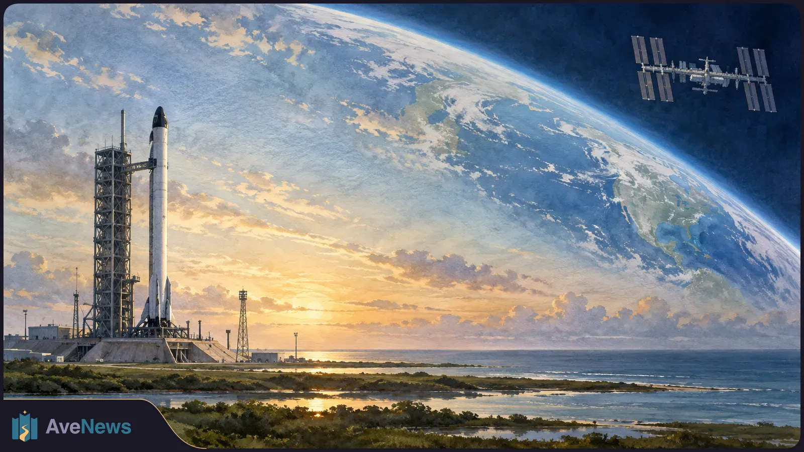 Painterly scene of a rocket on a coastal launchpad at sunset, with an enormous Earth arcing across the sky and a space station at upper right. SI illustration