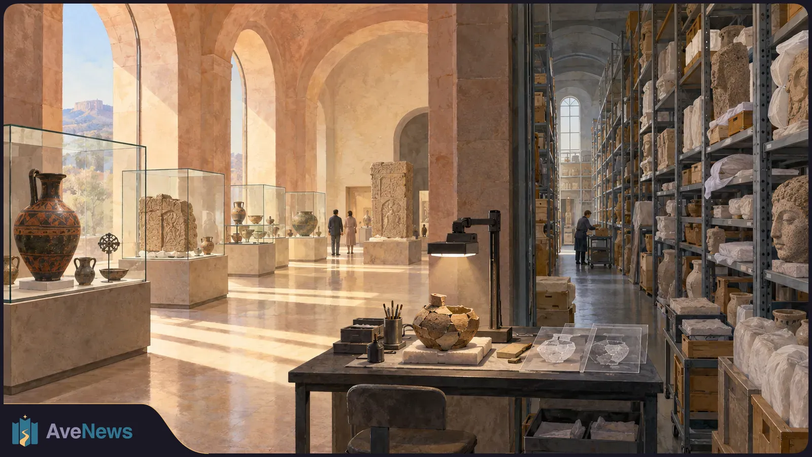A sunlit museum gallery with pottery and carved stone displays opens onto a storeroom lined with artifacts. Two visitors walk through the hall while another person stands by the shelves. SI illustration