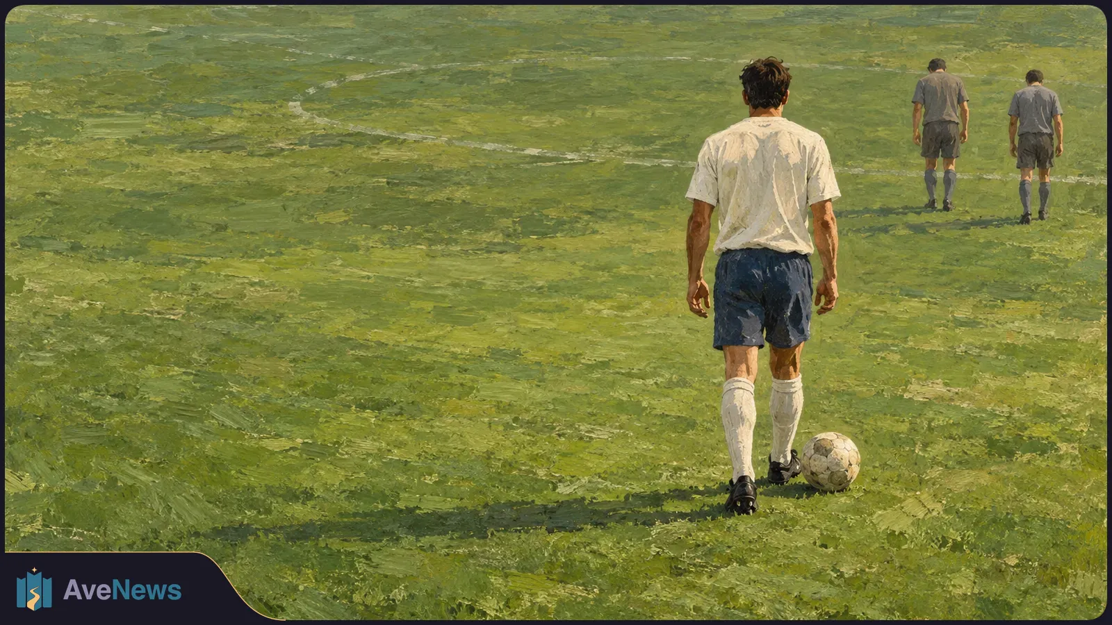 Painterly illustration of a soccer player in a white shirt walking toward a ball on a grassy field, with two gray-clad figures farther away. SI illustration