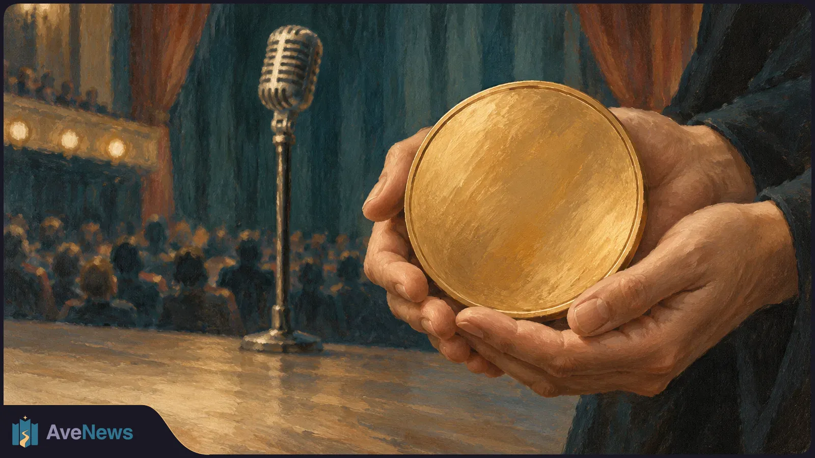 Illustration of hands holding a blank gold disc beside a vintage microphone, with a seated audience and stage curtains in the background. SI illustration