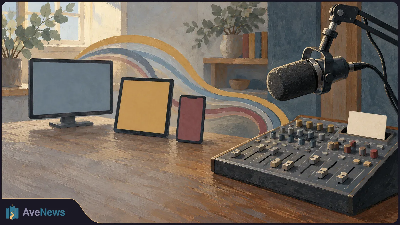 Painterly illustration of a microphone and audio mixer on a desk beside a monitor, tablet and phone with blank screens. Curved colored bands sweep behind them. SI illustration