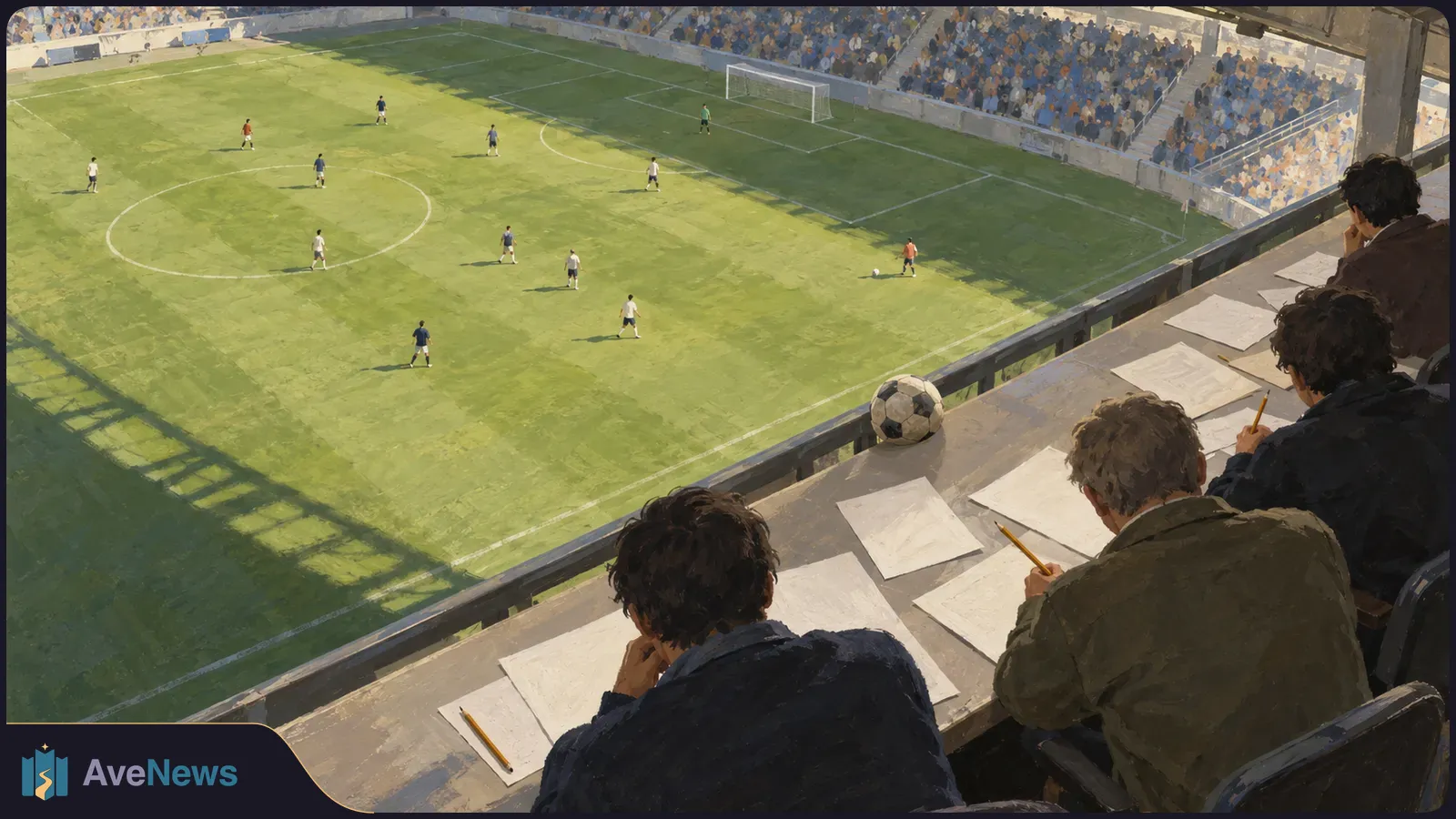 Four people sit with papers and pencils above a football pitch, watching players on the field as spectators fill the stands. SI illustration