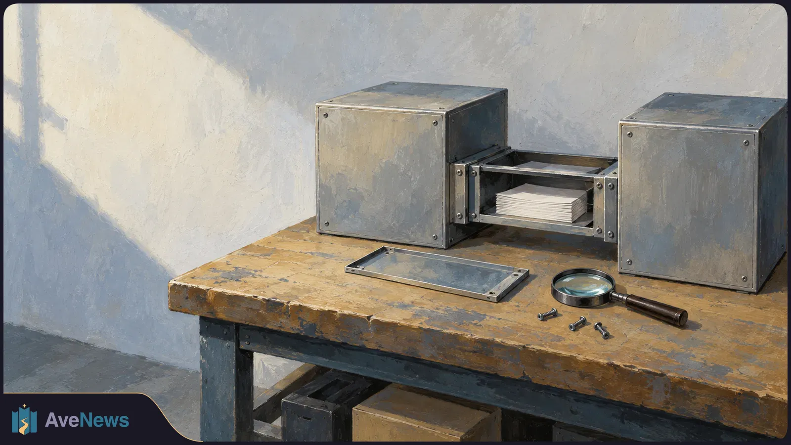 Two metal boxes connected by an open slot holding a stack of blank papers sit on a worn workbench beside a loose panel, screws and a magnifying glass. SI illustration