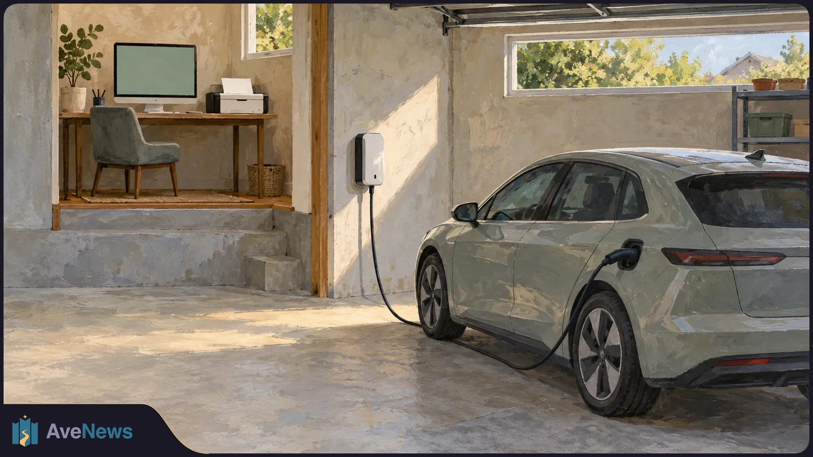 Painterly illustration of a gray electric car plugged into a wall charger in a home garage, beside a desk with a blank monitor and printer. SI illustration