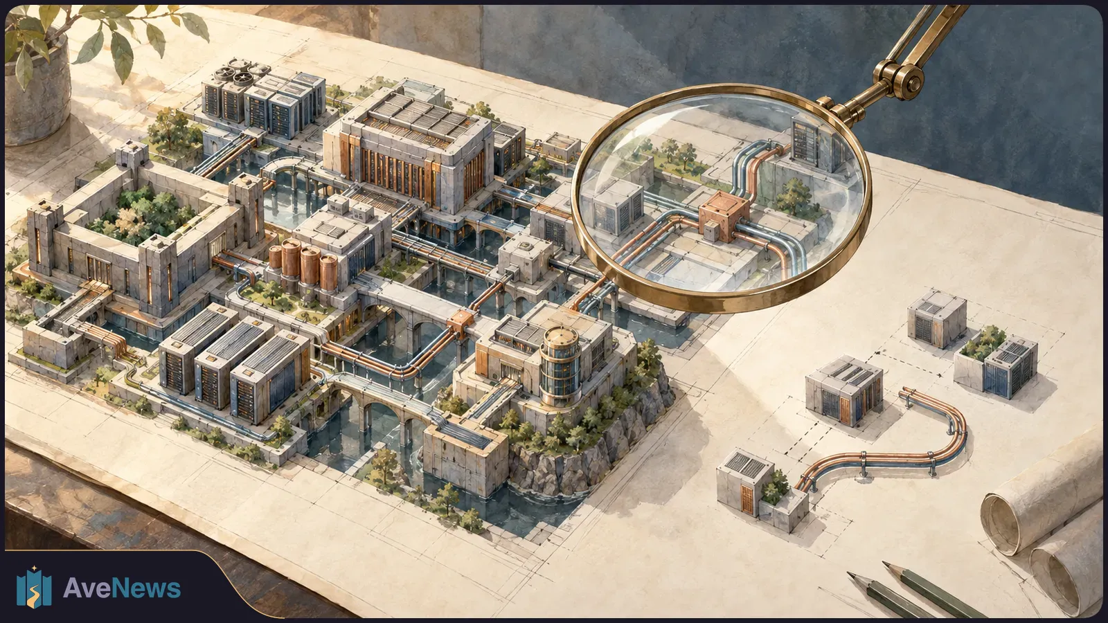 A magnifying glass hovers over a miniature network of server buildings and pipes on an architectural drawing. SI illustration