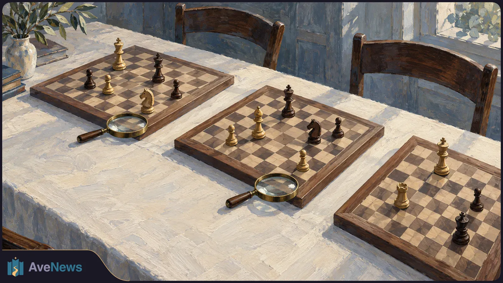Painted scene of three chessboards with scattered pieces on a white table; magnifying glasses rest beside two boards. SI illustration