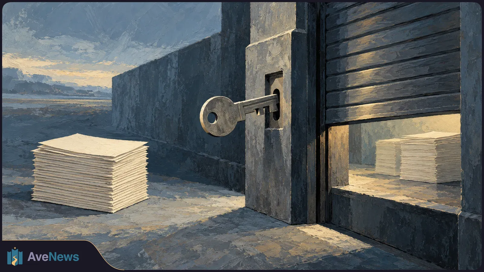 Painterly illustration of a large key in a wall lock beside a partly raised shutter, with stacks of blank paper on the ground and inside the opening. SI illustration