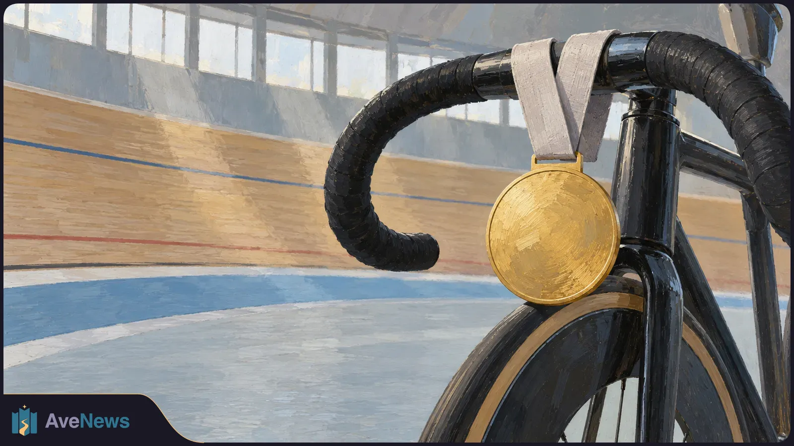 A gold medal hangs from the handlebars of a black track bicycle beside its front wheel, with an indoor velodrome in the background. SI illustration