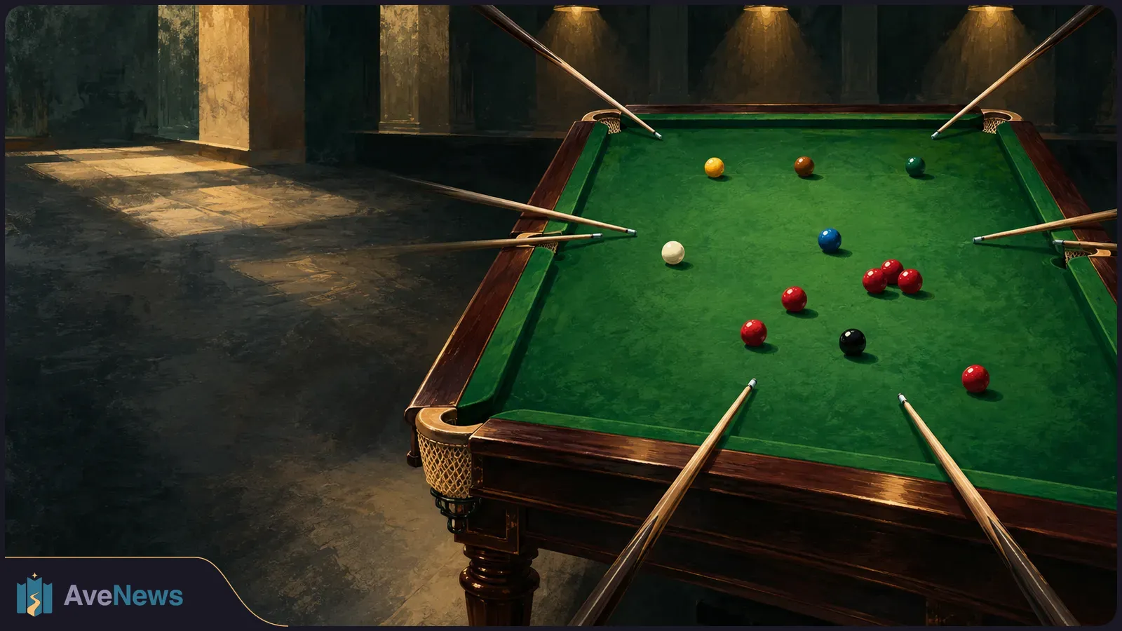 Illustrated green baize table with scattered red and colored balls, surrounded by cues in a dim, lamp-lit room. SI illustration