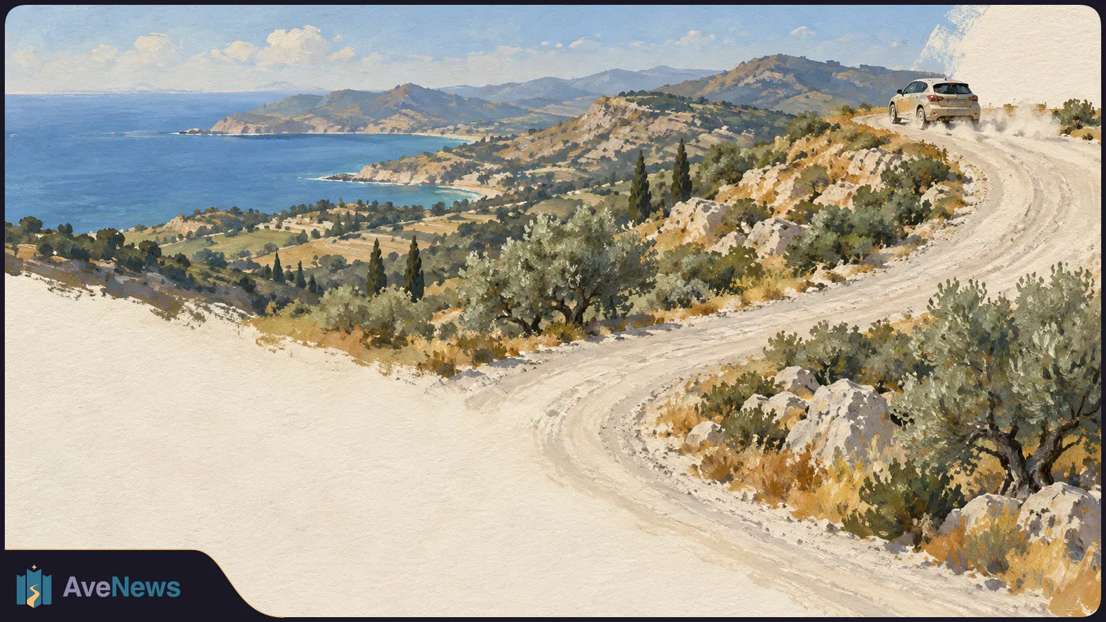 Illustration of a white car driving along a winding dirt road above a blue coastline, with rocky hills and trees in the background. SI illustration