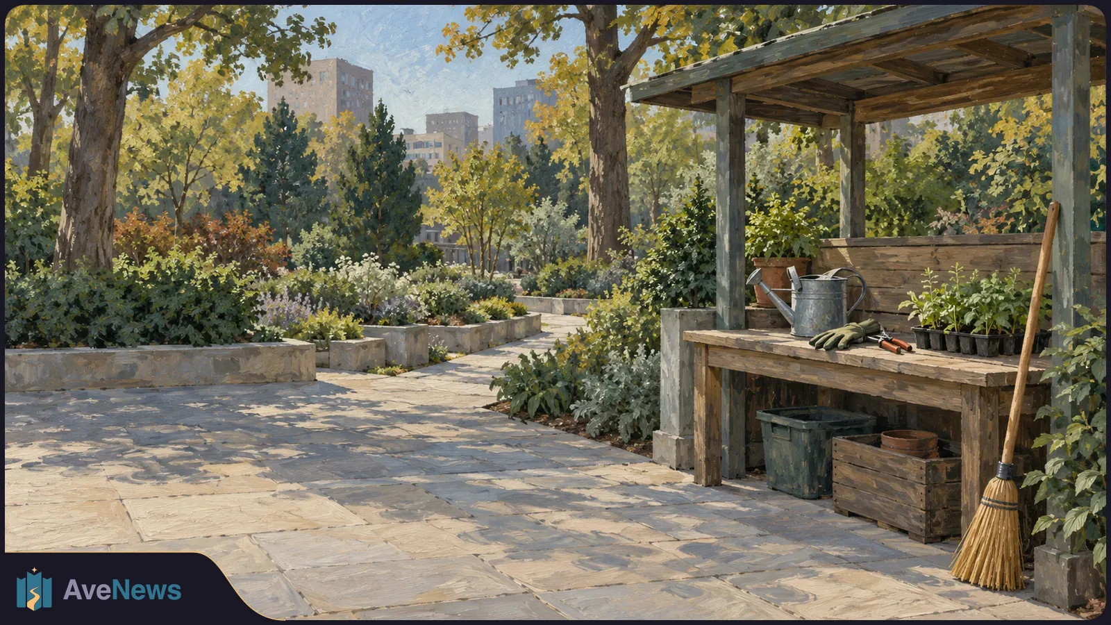 Painted view of a paved park garden with planted beds and city buildings beyond. A covered workbench holds a watering can, gloves and seedlings; a broom leans nearby. SI illustration