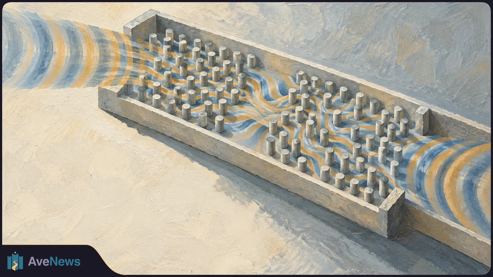 Painted view of blue and gold wave bands passing through a narrow channel filled with rows of upright cylinders. SI illustration