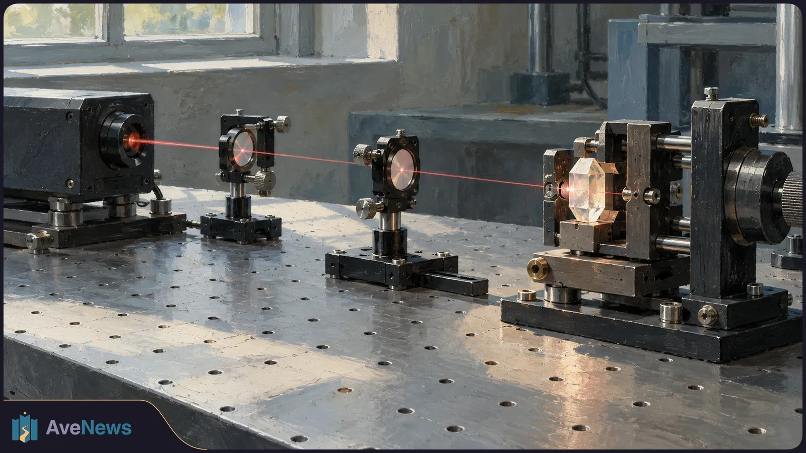 A red laser beam passes through two mounted lenses toward a faceted crystal in a metal apparatus on a perforated lab table. SI illustration