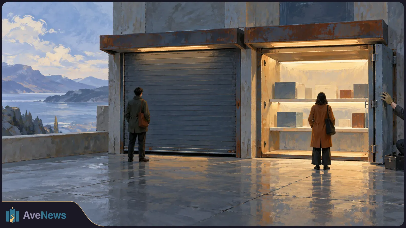 Painted coastal scene with a closed metal shutter beside a brightly lit display of plain boxes. Two people stand facing the bays; water and mountains appear beyond. SI illustration