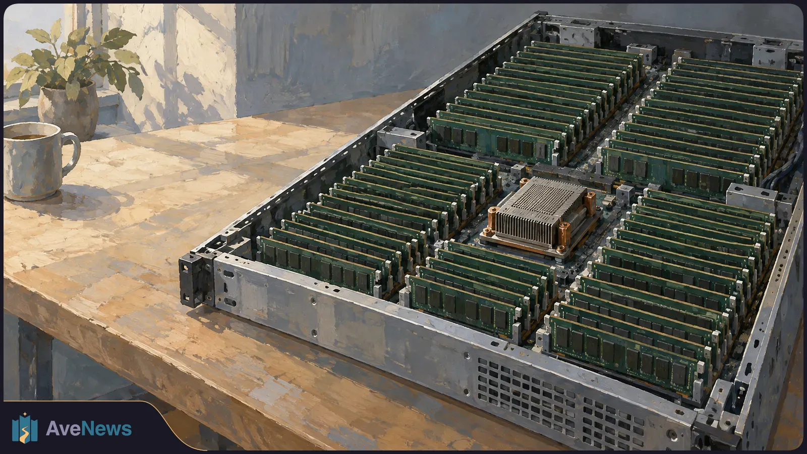 Painted illustration of an open server chassis packed with memory modules and a central heat sink on a wooden table, with a mug and potted plant nearby. SI illustration