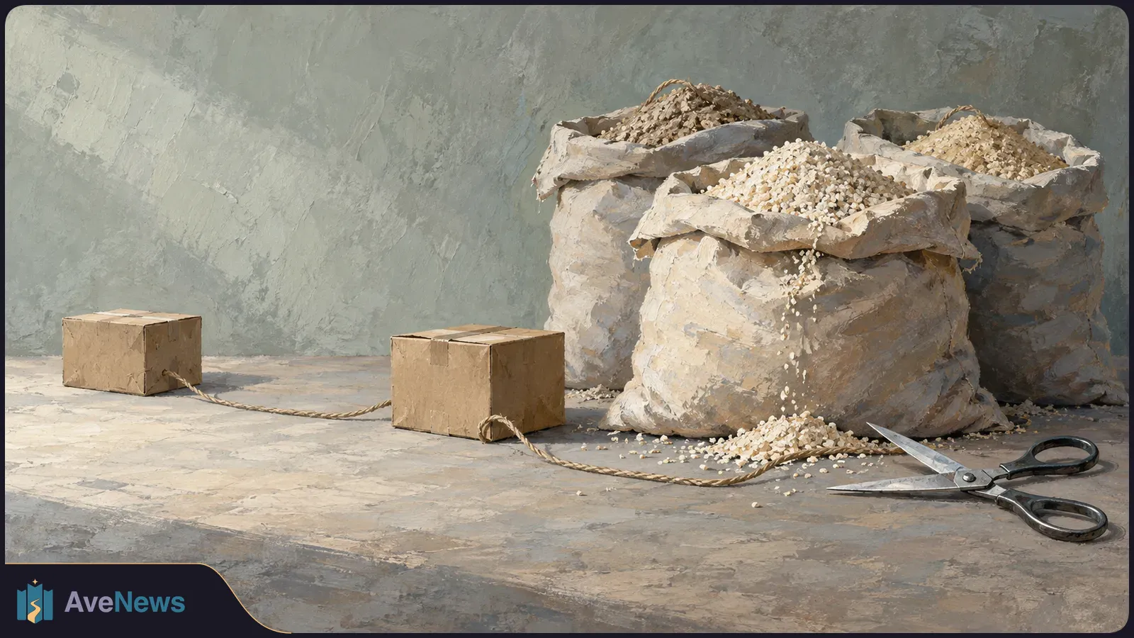 Painted scene of three open sacks filled with grains, two cardboard boxes linked by a rope, and open scissors on a stone surface. SI illustration