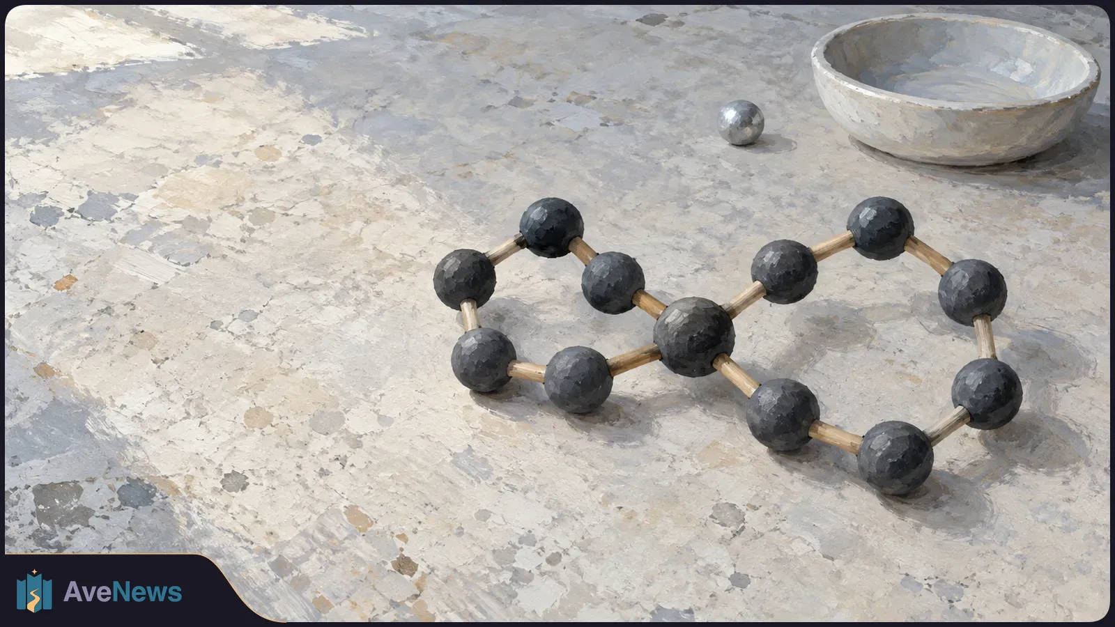 Painted ball-and-stick model of two dark rings joined at one sphere on a pale tabletop, with a small silver ball and a shallow bowl behind it. SI illustration