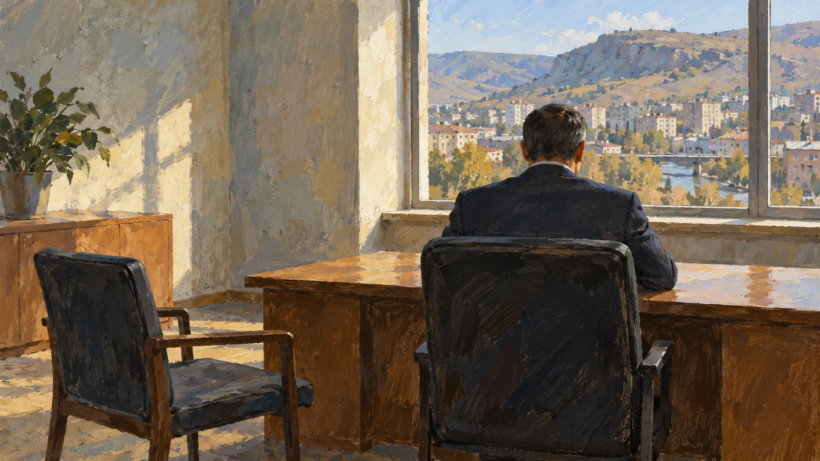 A painting of a man seen from behind at a desk, facing a window overlooking a town and hills. An empty chair and a potted plant sit nearby. SI illustration