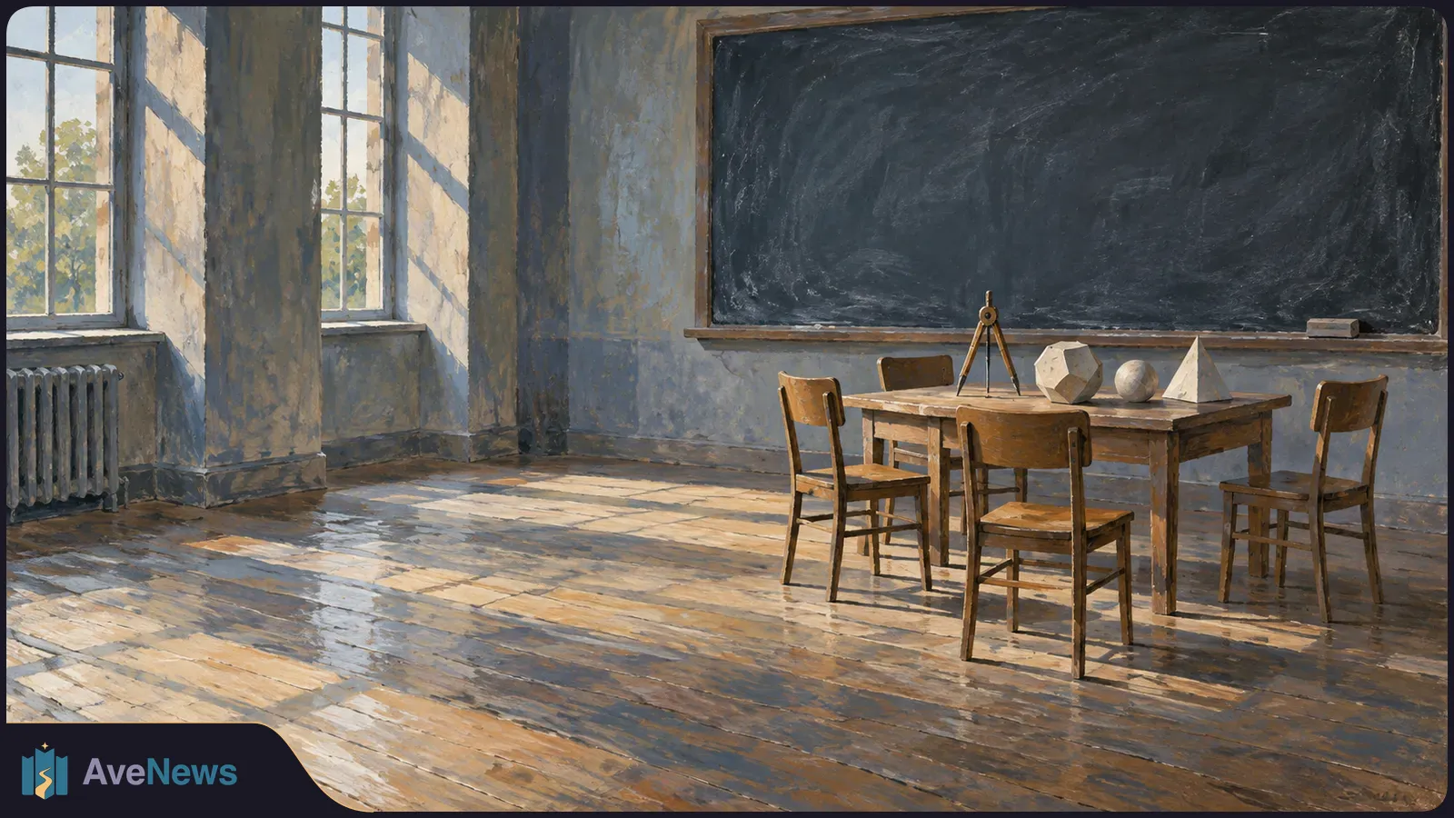 A painted, sunlit classroom with an empty blackboard, wooden chairs and a table holding geometric solids and a compass. SI illustration