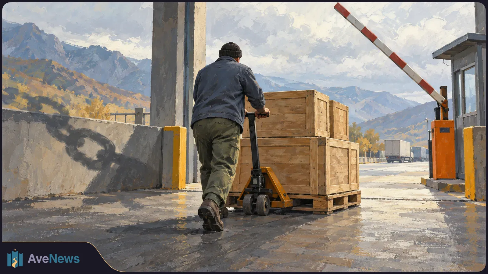 Painted scene of a person pushing a pallet jack loaded with wooden crates past a raised barrier at a mountain checkpoint; trucks are visible in the distance. SI illustration
