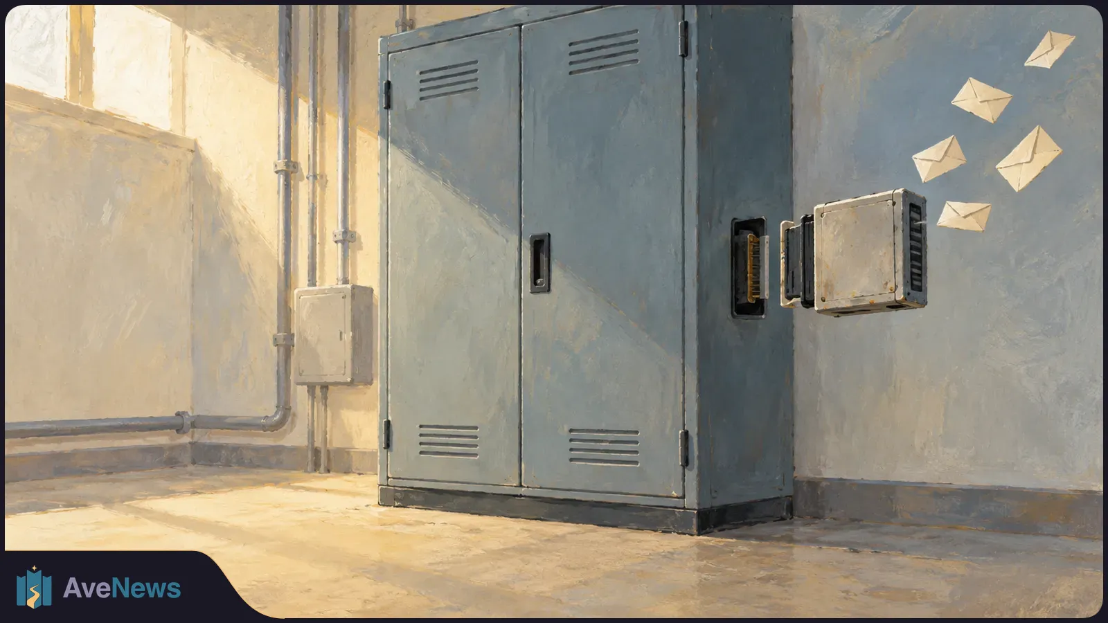 A painterly illustration of a gray equipment cabinet with a module pulled out from its side and several envelopes floating nearby in a sunlit room. SI illustration