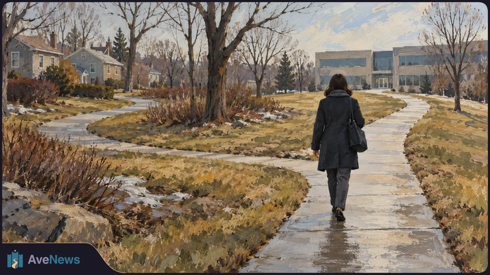 A painted scene of a person in a dark coat walking along a wet path toward an office building, with houses, bare trees and patches of snow nearby. SI illustration