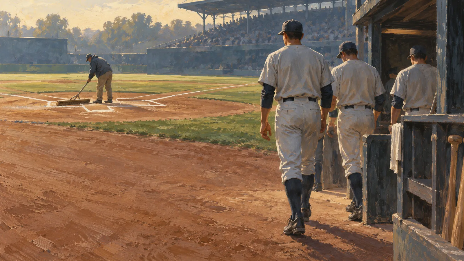 A painted baseball scene: uniformed players walk beside a dugout as a groundskeeper rakes near home plate, with spectators in the stands. SI illustration